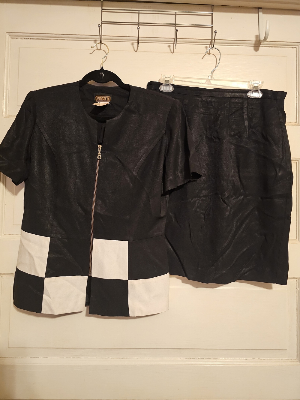 Vtg 80s 90s Virgo II Checkerboard Colorblock Skirt Suit Set Shoulder Pads Sz 10